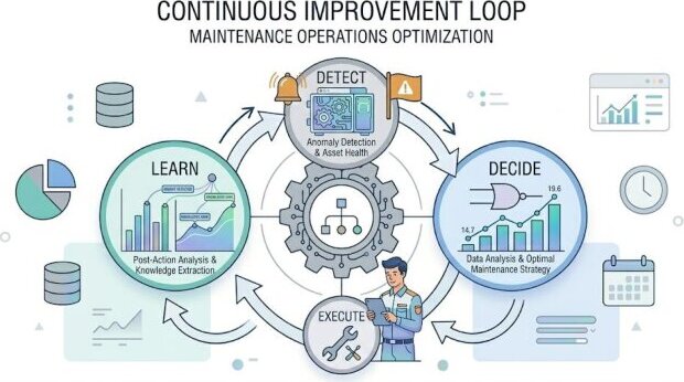 Continuous improvement cycle showing detect, decide, execute, and learn.